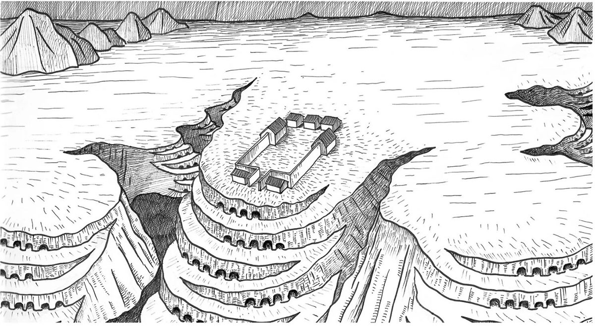 Sketch drawing of the landscape of the Qiaocun site with cave dwellings and tiled-roofed houses. Image: Peking University.