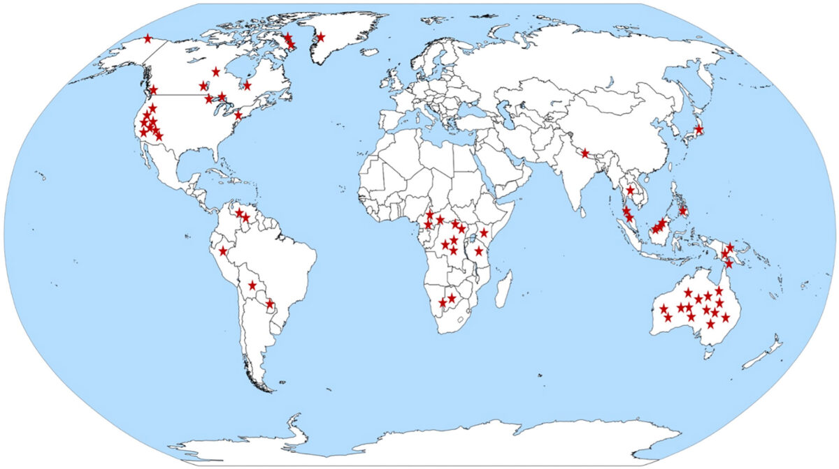 World map of the locations of 63 different foraging societies analyzed.
Public domain  - Petr Dlouhy,