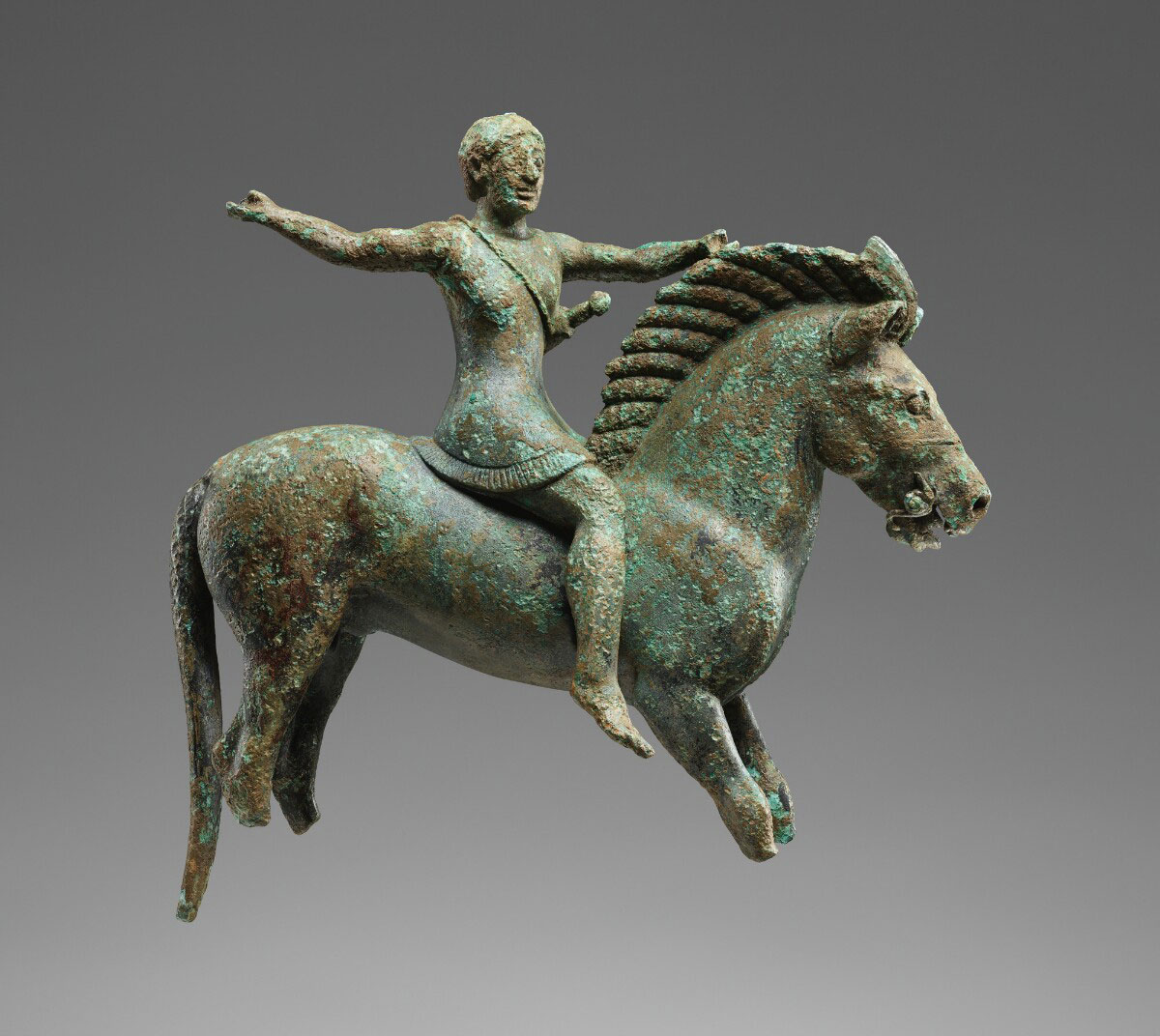 Statuette of a Horse and Rider, 520–500 BC, Greek. Bronze, 5 9/16 × 5 7/16 × 2 3/16 in. Albanian Institute of Archaeology, Tirana VL.2020.1