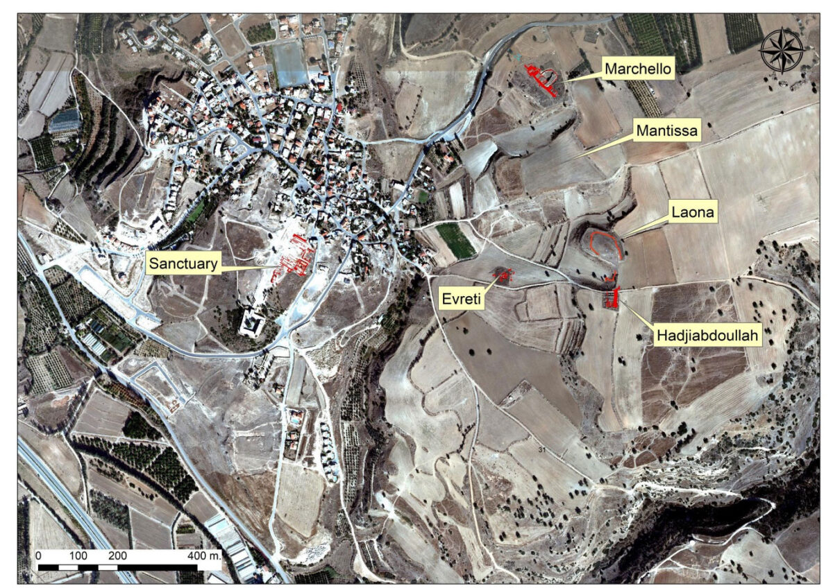 Fig. 1. Resolution orthophotograph depicting the urban landscape of ancient Pafos with the main sites to the east of the Sanctuary of Aphrodite. 