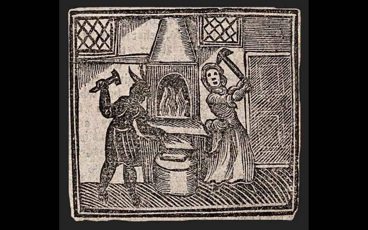 A witch and a devil working together in a woodcut from 1720. Credit: Wellcome collection.