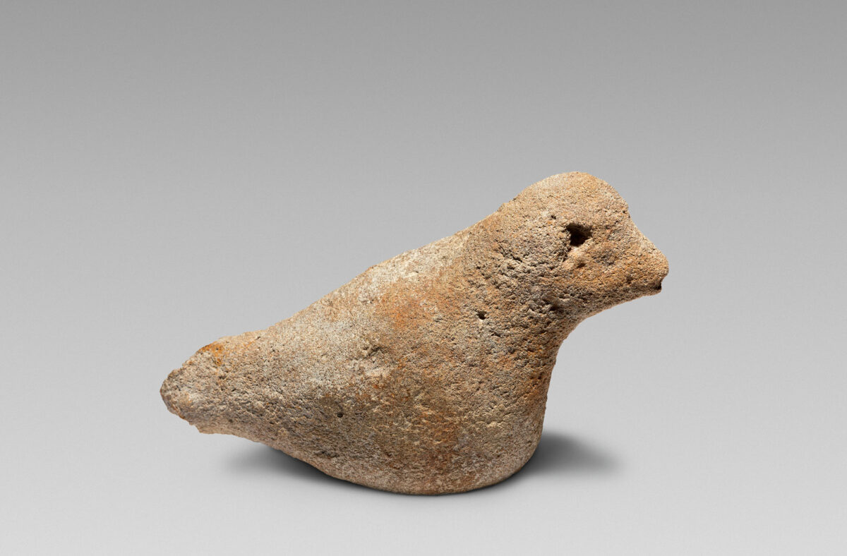 Neanderthal figure stone, Fontmaure, France, ca. 150,000–50,000 years, limestone. While the basic shape of this bird occurred naturally, the eye was created by its finder, who knapped around its tail and beak. 
Tony Berlant Collection. ©Nasher Sculpture Center, Dallas.Photo byKevin Todora
