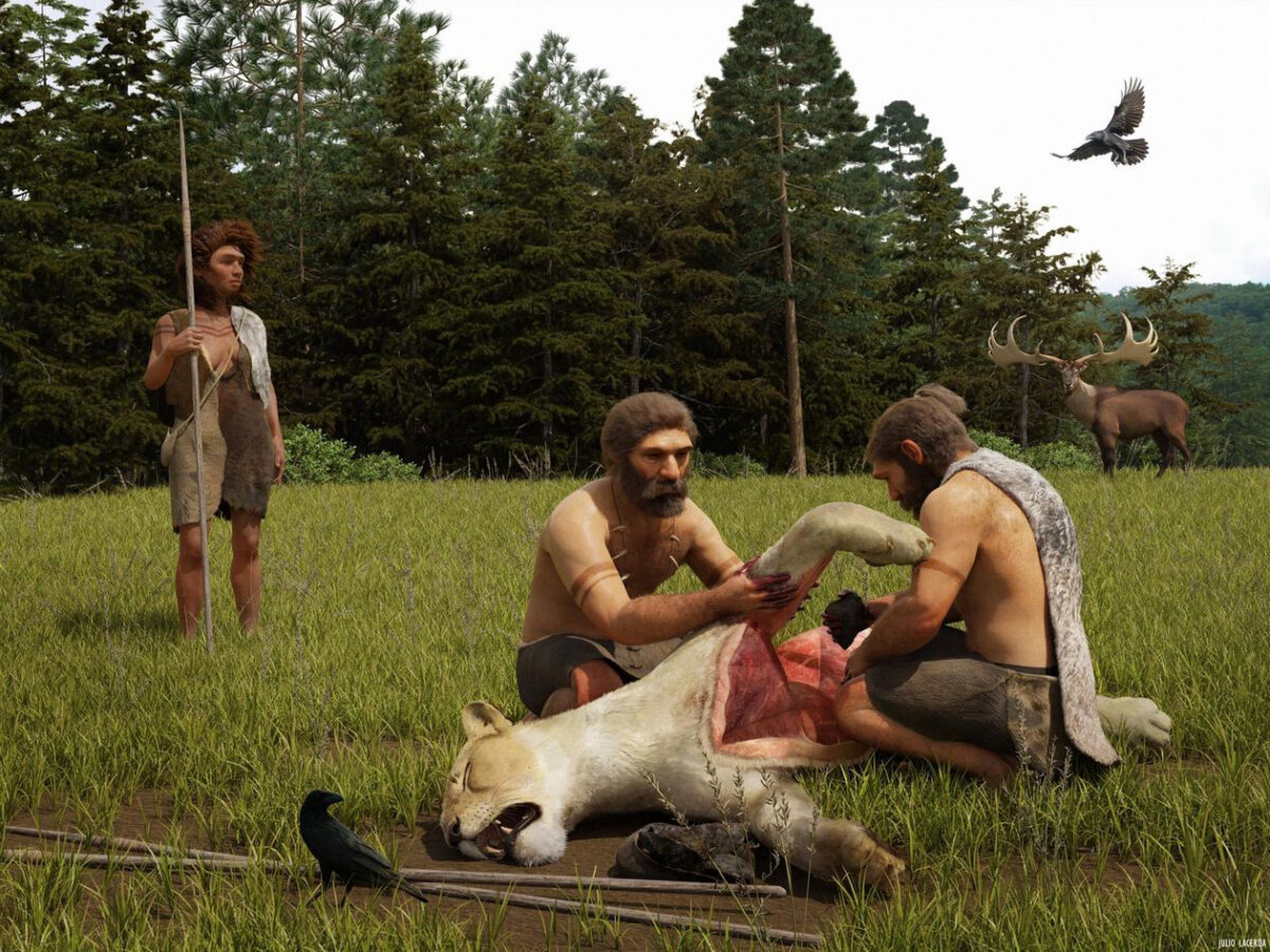 Neanderthals butchering the cave lion of Siegsdorf (Bavaria, Germany). A giant deer may be seen in the background. Illustration: Julio Lacerda. ©NLD