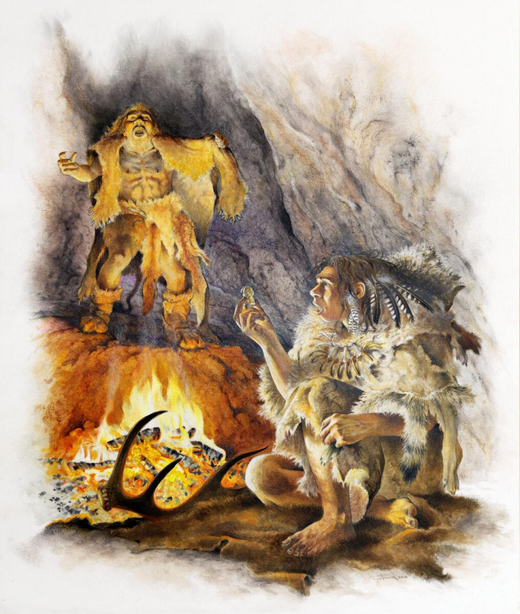 Finds from Einhornhöhle (Unicorn Cave) in the Harz Mountain demonstrate Neanderthals engraved bones (foreground) and valued lion skins (background). Illustration: Mauro Cutrona, ©NLD