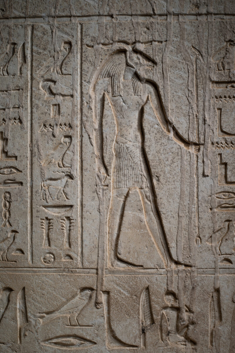 Relief depiction of the god Banebjedet on one side of the sarcophagus. Credit: Petr Košárek, © Czech Institute of Egyptology.