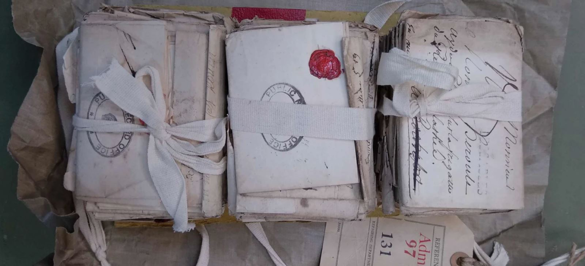The letters before they were opened and read by Renaud Morieux at The National Archives, Kew.