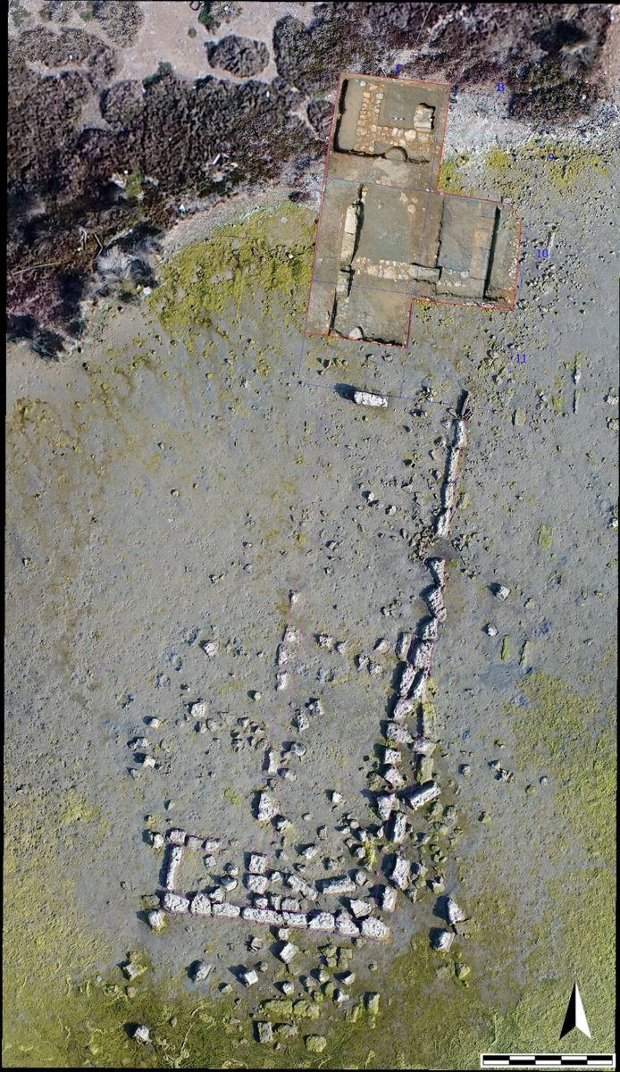 Ampelaki Bay, Salamis. Aerial photograph of the long public building (stoa). Credit: Ministry of Culture and Sports.