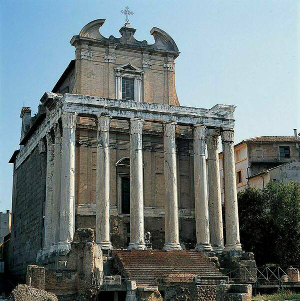 The Temple of Antoninus and Faustina is located in the Forum Romanum in Roma; it was later restored as a christian church, the Basilica of San Lorenzo in Miranda