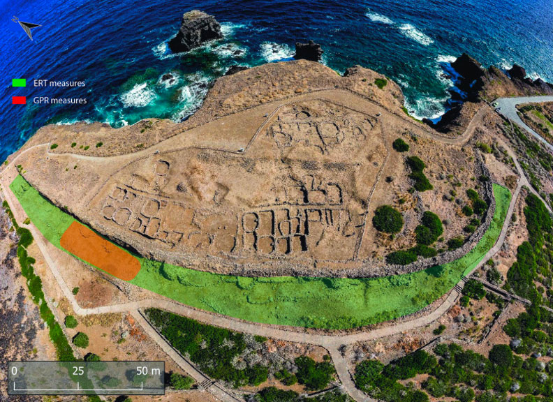 The Middle Bronze Age Faraglioni village in Ustica and the long arched defensive wall. (Drone photo by V. Ambrosanio, 2022). The orange rectangle identifies the GPR investigation area, while the green polygon the ERT investigation area.