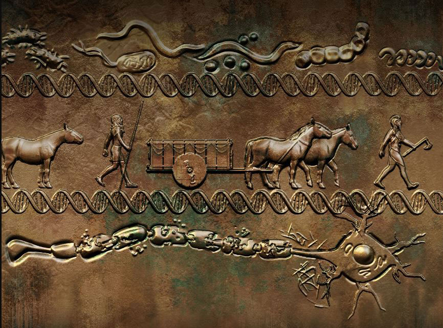 Yamnaya Bronze Relief. Evolution to cope with pathogen pressures in the Bronze Age impacts genetic risk for multiple sclerosis today. Credit: SayoStudio.