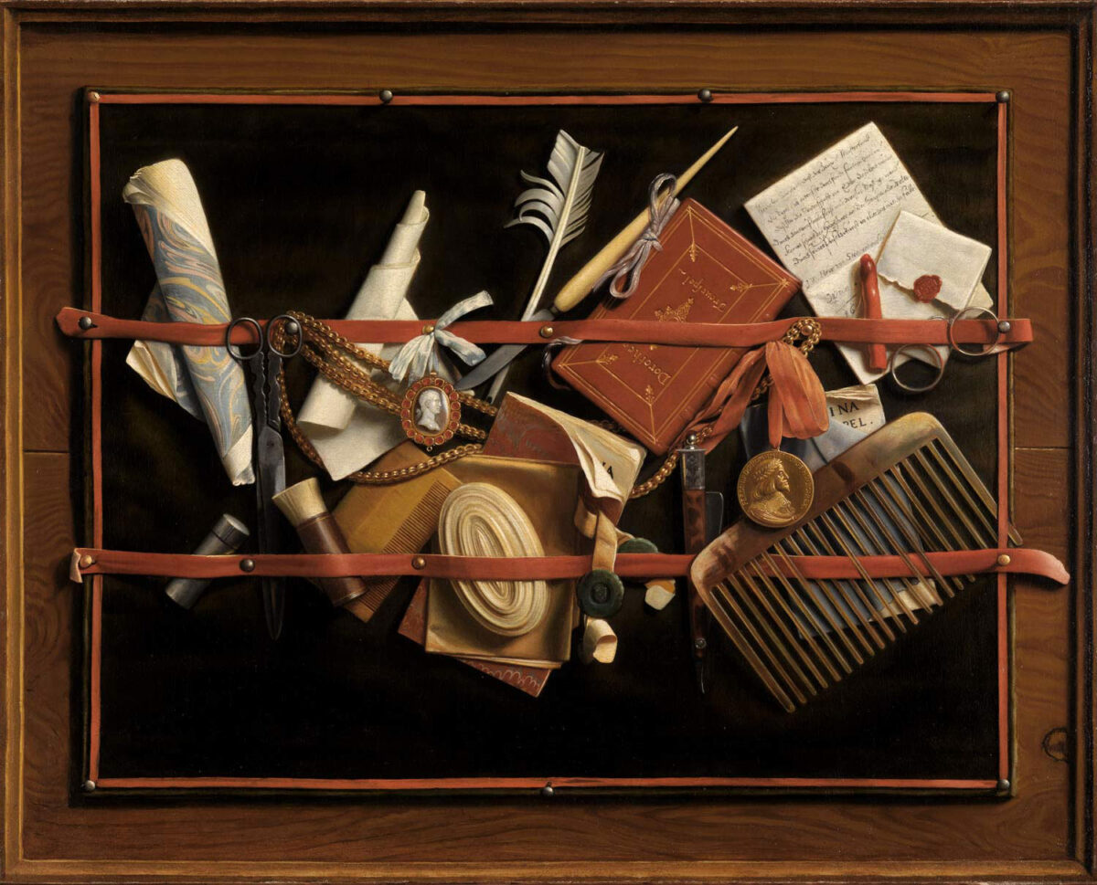 Samuel van Hoogstraten, Vorgestellter Briefträger mit Schreibgeräten [Trompe l'Oeil Still Life], 1666/78. Staatliche Kunsthalle Karlsruhe
© Creative Commons, Staatliche Kunsthalle Karlsruhe