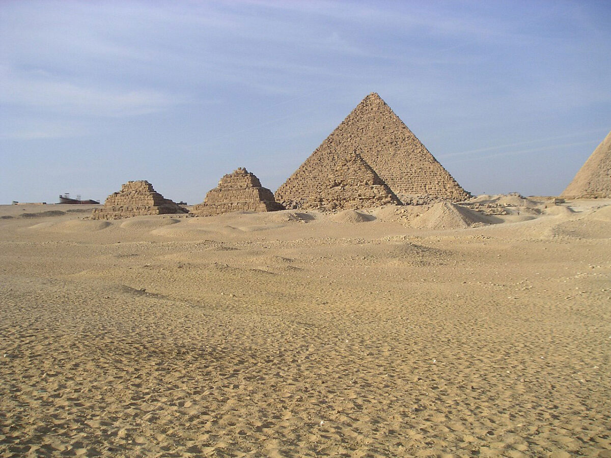 The Menkaure Pyramid measures 103.4 m (339 ft) at the base and 65.5 m (215 ft) in height. There are three subsidiary pyramids associated with it.