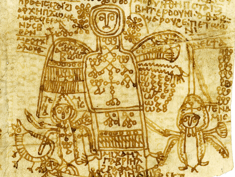 The part of a papyrus shows the archangel Michael, who is accompanied by two angelic powers. Such images were used for many ritual purposes, for example to heal illnesses, drive out evil demons, protect against robbers or curse other people. (Image: Elke Fuchs / Institut für Papyrologie, Universität Heidelberg)