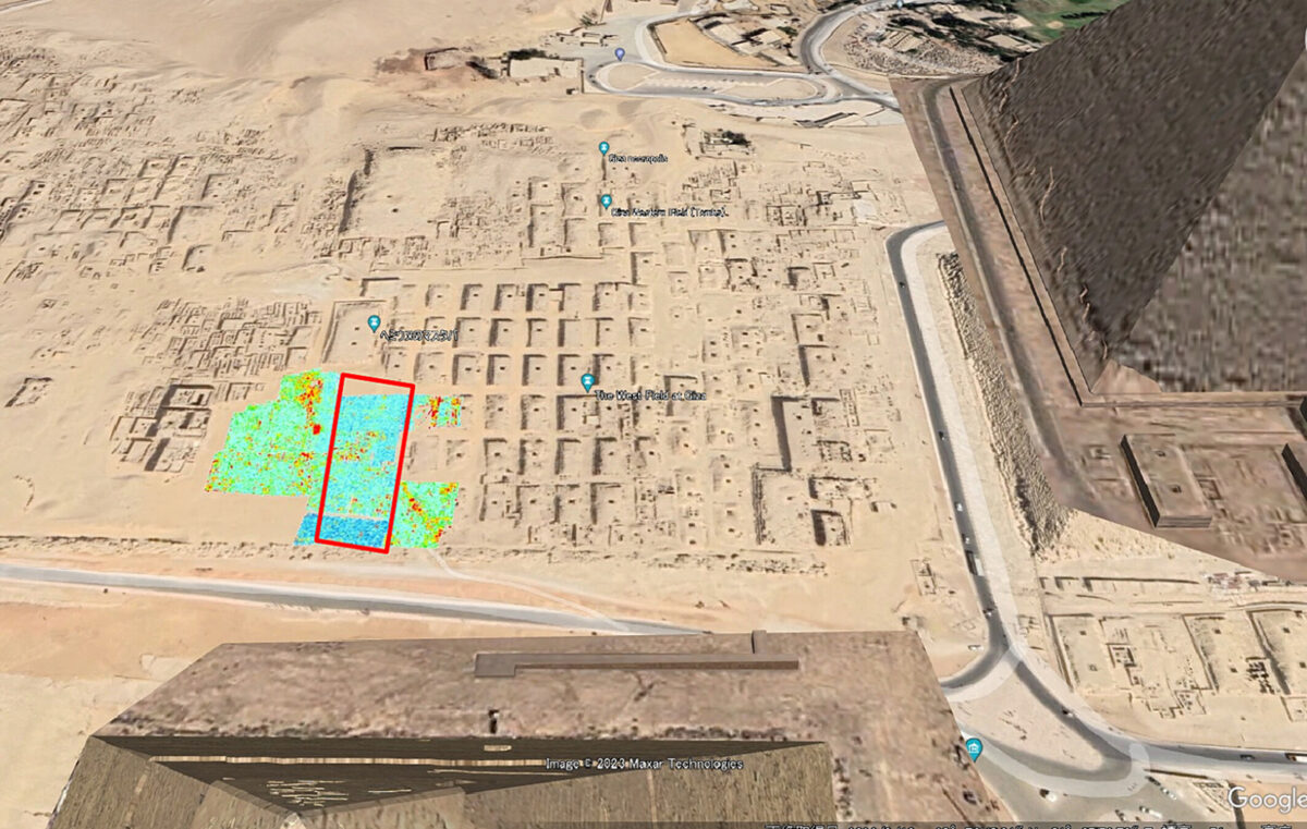 Location of the survey area projected on Google Maps. The red rectangle shows the area of the initial survey. The colour figure shows the horizontal profile of GPR. View is to the north.