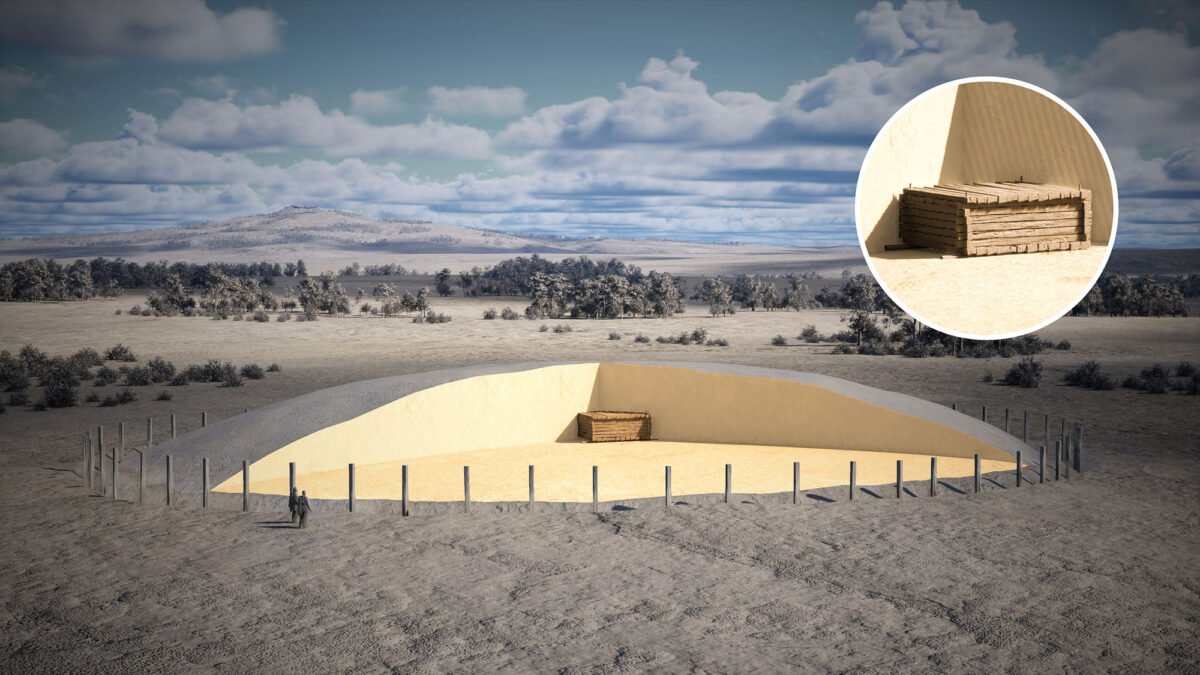 Fig. 13. Schematic graphic reconstruction of the burial mound (diameter 65 m) with the location of the central burial chamber. Credit: Landesamt für Denkmalpflege im Regierungspräsidium Stuttgart / Faber Courti-al