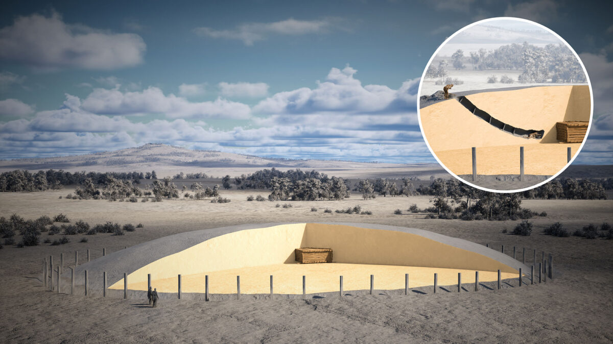 Fig. 14. Schematic graphic reconstruction of the burial mound with the location of the central burial chamber and the tunnel dug by looters. Credit: Landesamt für Denkmalpflege im Regierungspräsidium Stuttgart / Faber Courti-al