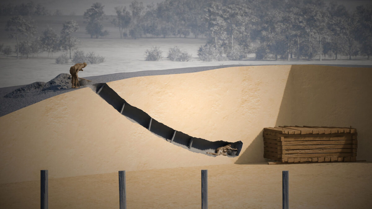Fig. 15. Schematic graphic reconstruction of the burial mound with the location of the central burial chamber and the tunnel dug by looters (detail). Credit: Landesamt für Denkmalpflege im Regierungspräsidium Stuttgart / Faber Courti-al