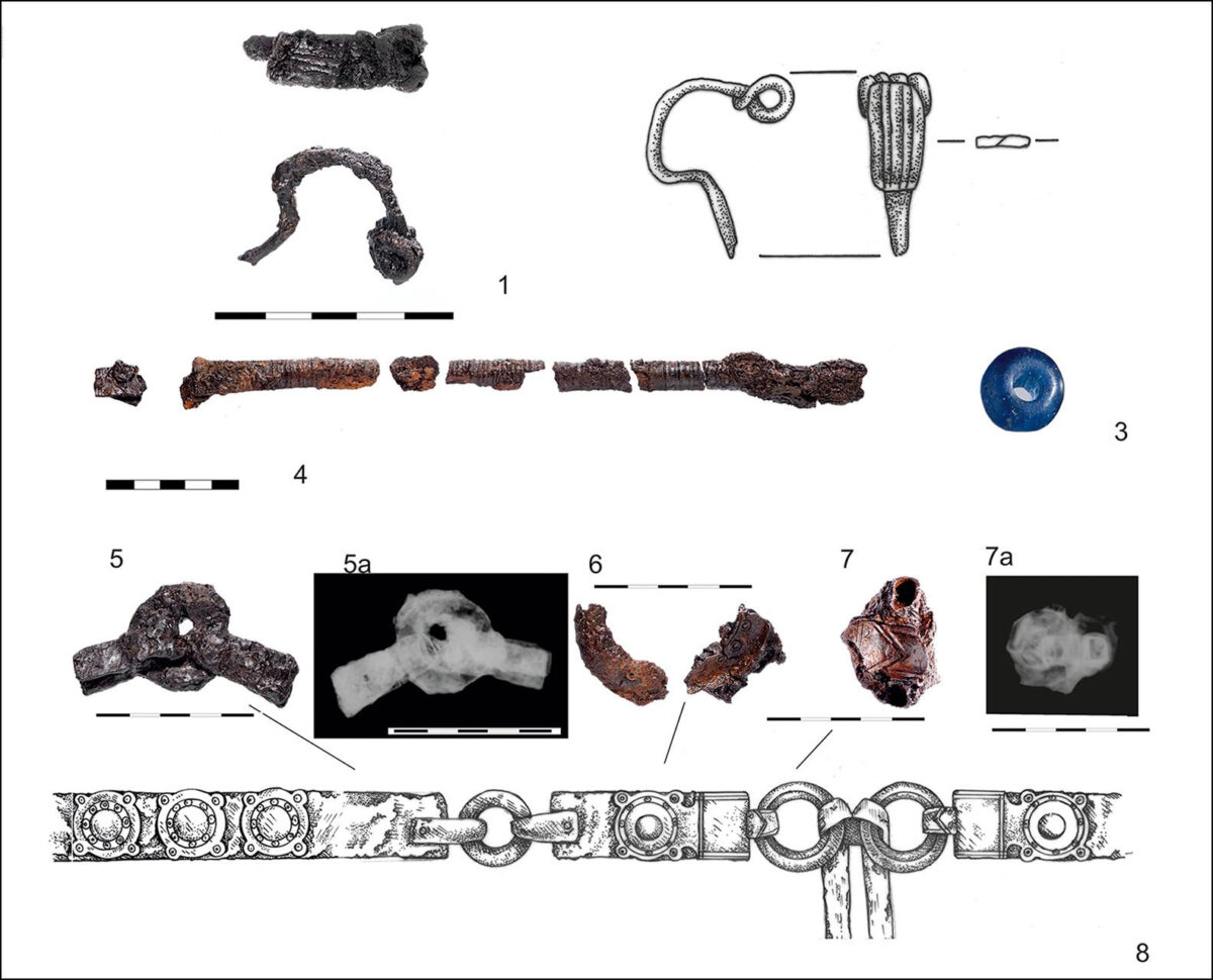 Reconstruction of the 'Scandinavian belt'. All artefacts with the exception of the glass bead (3) are made of iron (photo: R. Fortuna; X-ray: A. Jouttijärvi; drawing: A. Kuzioła)