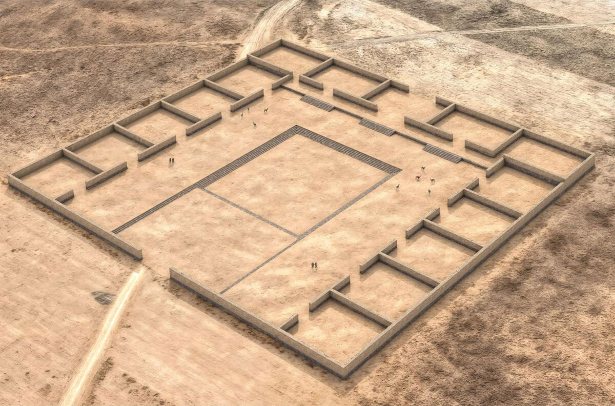 Stone alignments revealed an ancient temple, called Palaspata after the native name for the area. The temple complex is approximately 125 meters long by 145 meters wide — about the size of a city block — and includes 15 quadrangular enclosures arranged around a rectangular inner courtyard. This is a digital reconstruction of the temple.  Credit: José Capriles / Penn State. Creative Commons