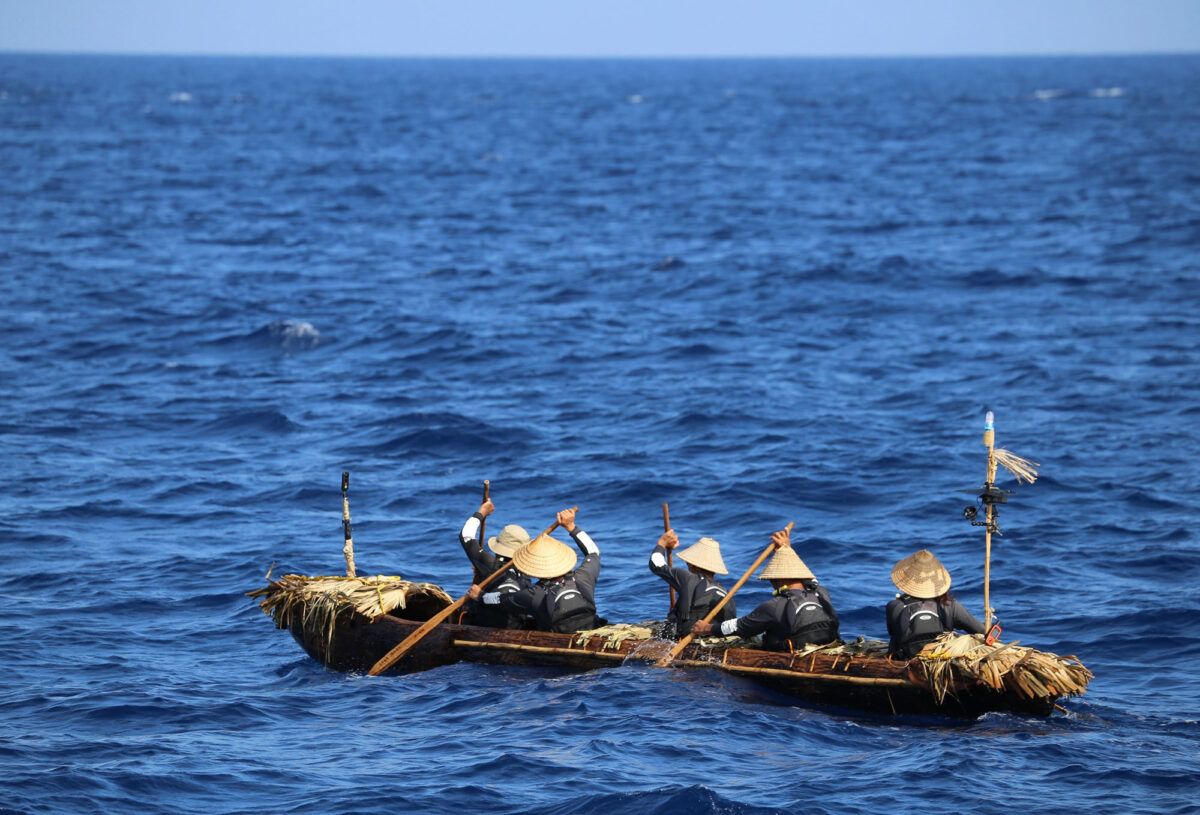 Crossing the Kuroshio. The team set out in their handmade canoe, making the entire experience as authentic as possible. ©2025 Kaifu et al. CC-By-ND