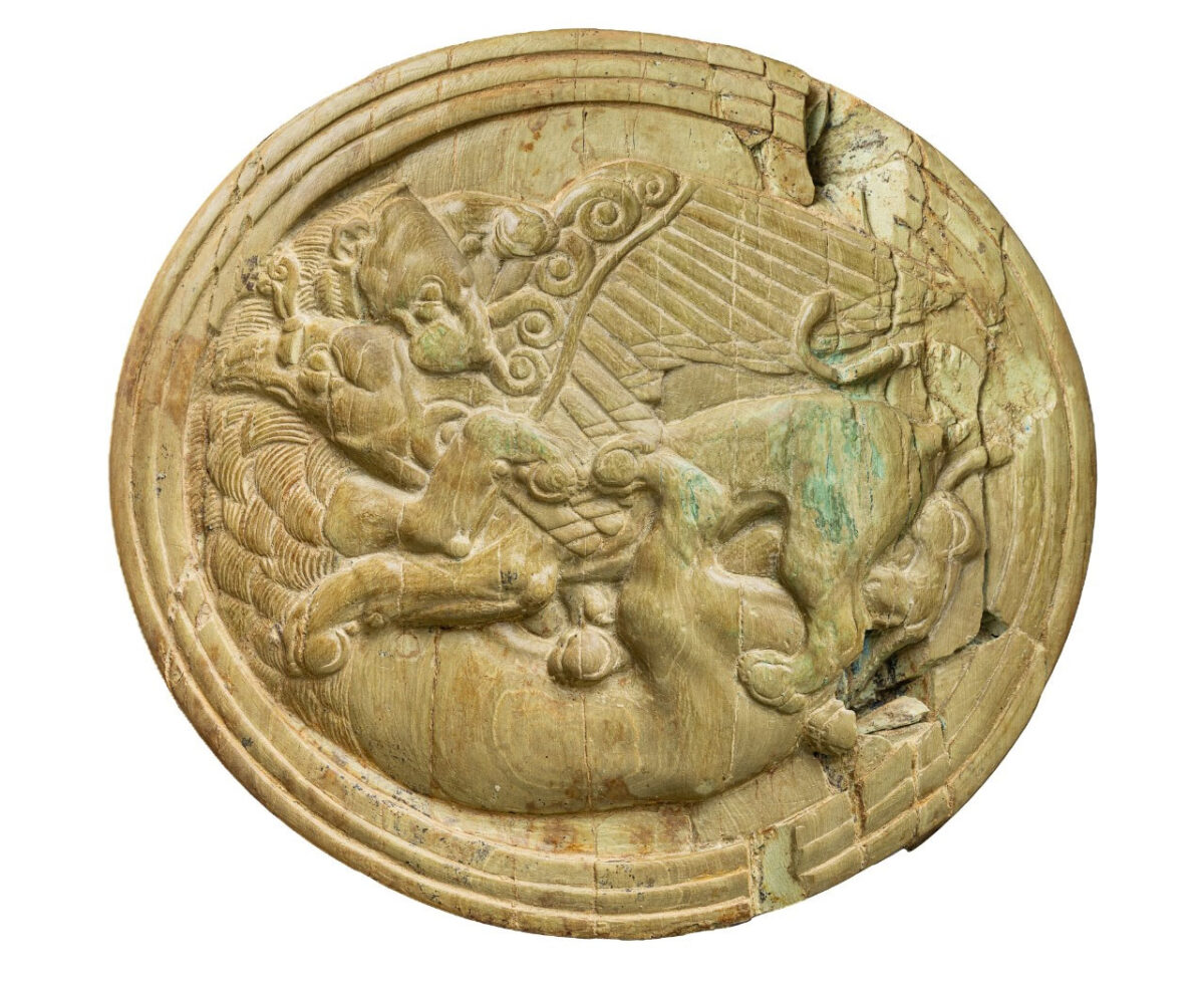 The Getty museum exhibit will feature this Pyxis lid dating between 1630 and 1440 B.C.E. depicting a lion attacking a mythological griffin. Photo/Jeff Vanderpool/UC Classics