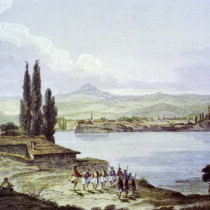 View of the Castle from the Island. The two citadels can be seen. Copperplate engraving from the book by Th.S. Hughes, Travels in Sicily, Greece and Albania, London 1820.