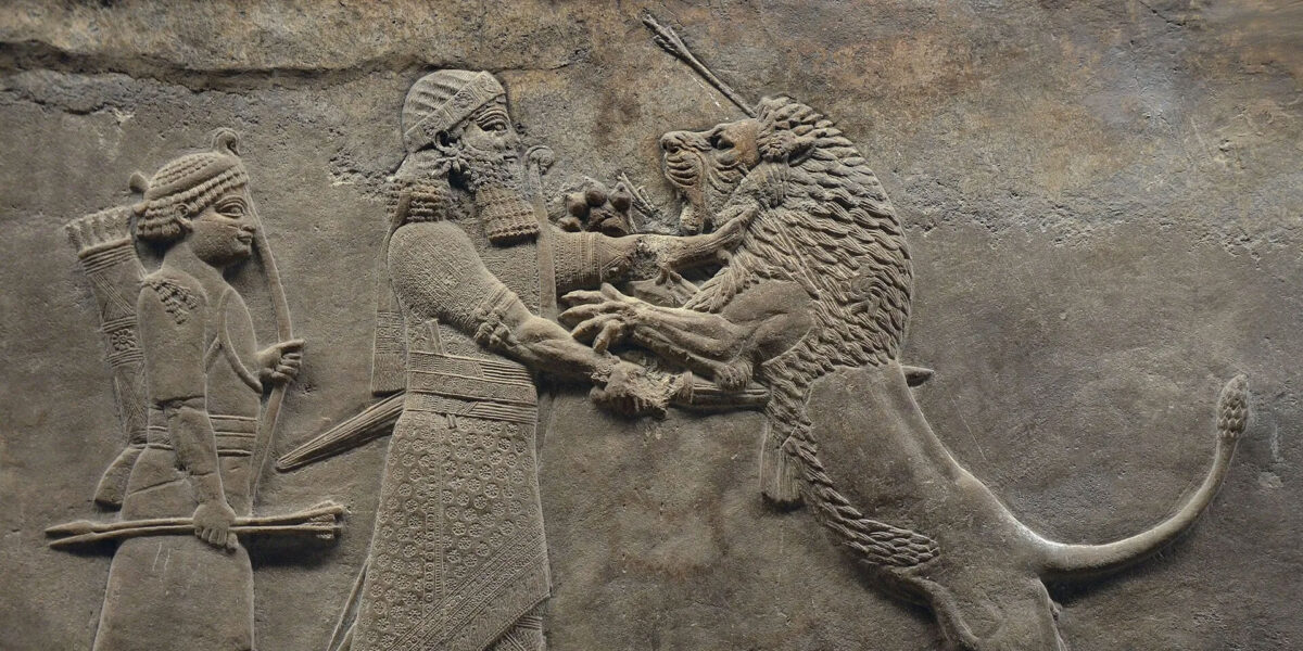 Sculpted reliefs depicting Ashurbanipal, the last great Assyrian king hunting lions. North Palace of Nineveh, c. 645-635 BC.