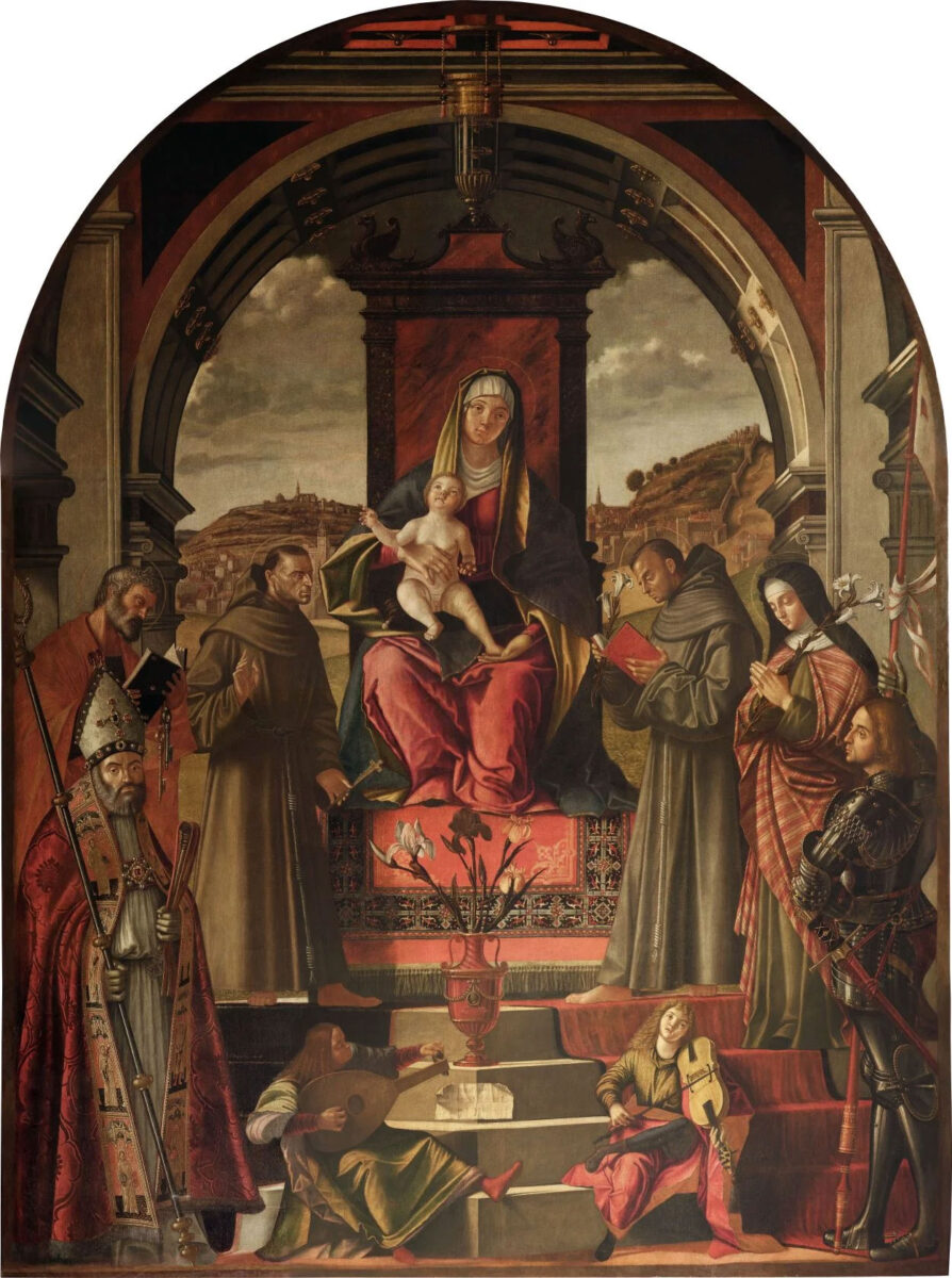 Mary with the Child on the Throne and Saints Ambrose, Peter, Francis, Anthony of Padua, Clara, George and the Musician Angels. 1518, oil on canvas, 280 × 210 cm.