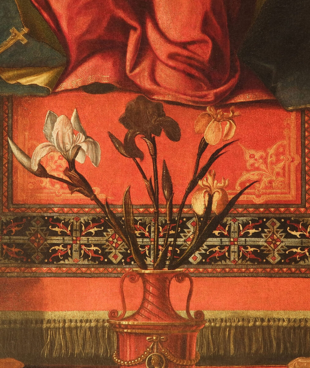 Mary with the Child on the throne and with the saints, detail of a bouquet in a vase.