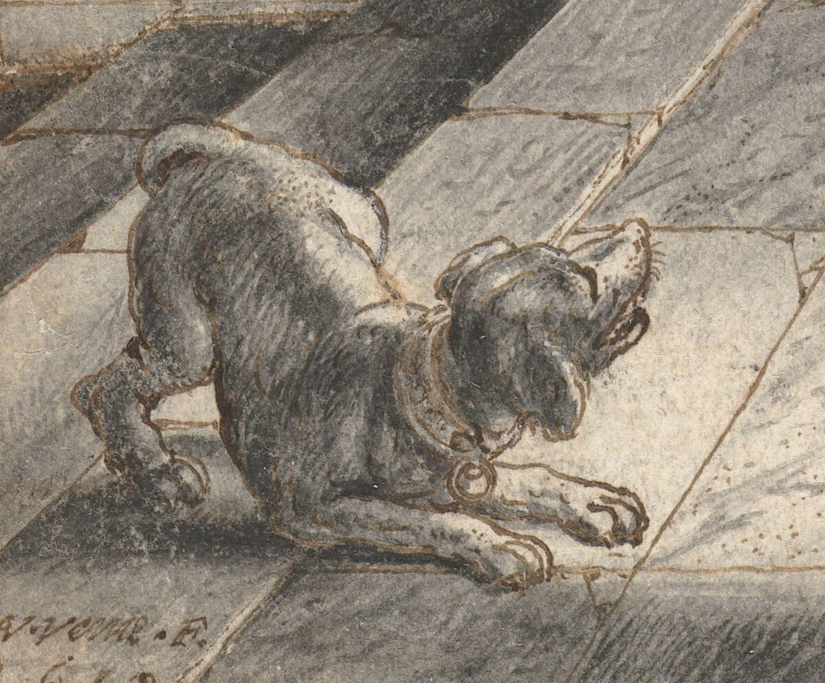 Detail of the dog, Adriaen Pietersz van de Venne, Frontispiece Design for Jacob Cats, Self-Strijt, 1619. Image credit : Rijksmuseum.