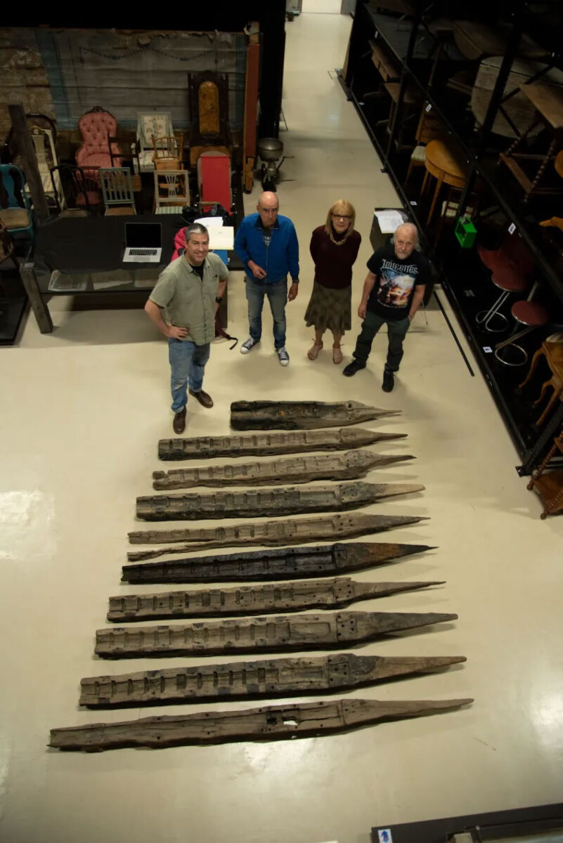 Oak beds of artillery pieces recovered from the wreck of Gribshunden, curated at Blekinge Museum.
