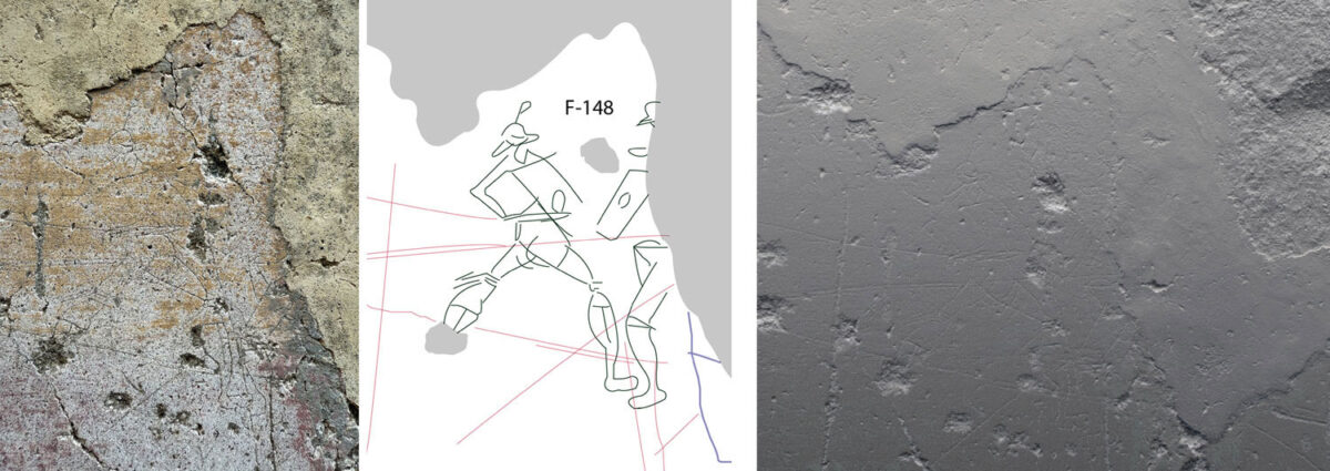 Graffiti panel (left), line drawing (middle), and RTI image (right) of a scene depicting gladiatorial combat. Image : Archaeological Park of Pompeii