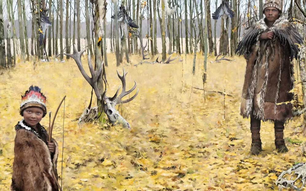 Stone Age deceased dressed in feather and fur headgear