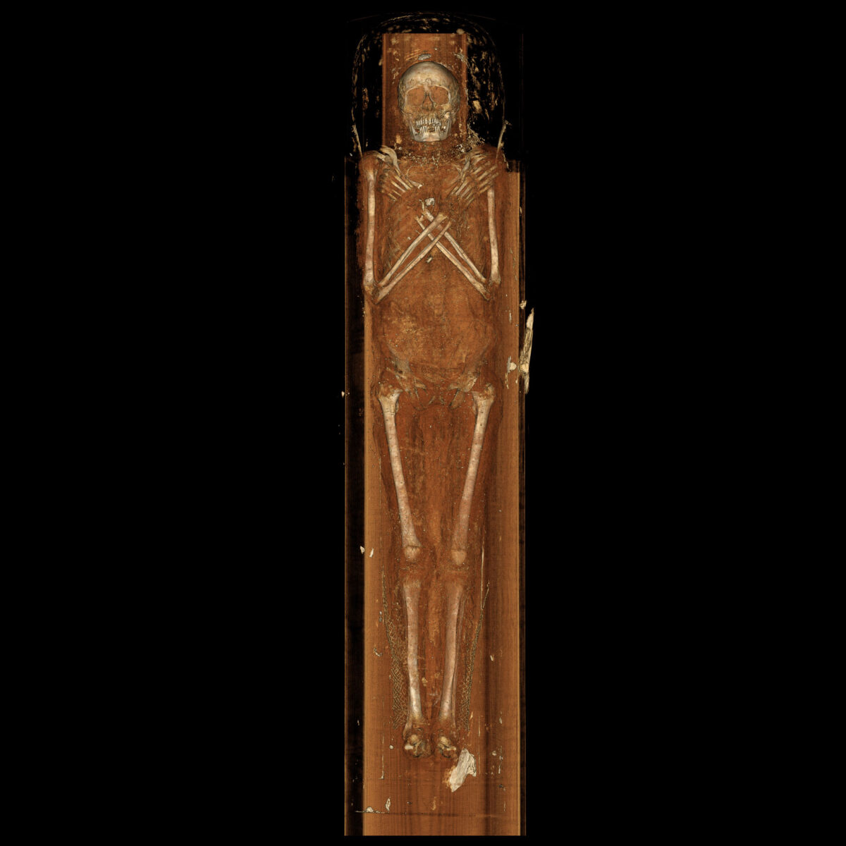A full-body 3D digital model of Nes-Min created by Keck Medicine of USC imaging specialists reveals the positioning of the body in the sarcophagus.
Photo courtesy of Keck Medicine of USC